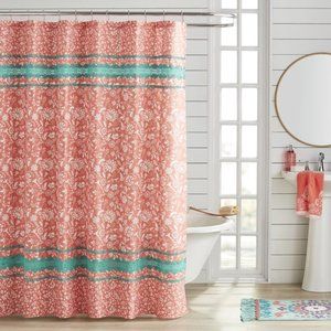 Pioneer Woman Mazie Medallion Lace Applique Fabric Shower Curtain Coral 72"x72"